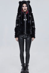 Black Punk Cuff Pleated Design Metal Five-Pointed Star Shape Belt Decoration Cat Ear Women's Coat